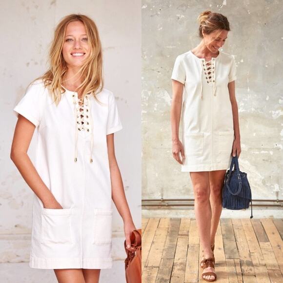 Sezane Ecru Giulia Denim Shift Dress French Country Coastal Rustic Boho Preppy - Picture 1 of 11